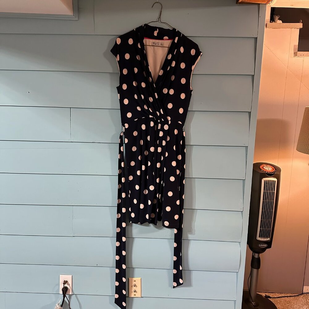 Eliza J, Size 12, Navy Blue with cream polka dots. Fully lined.
